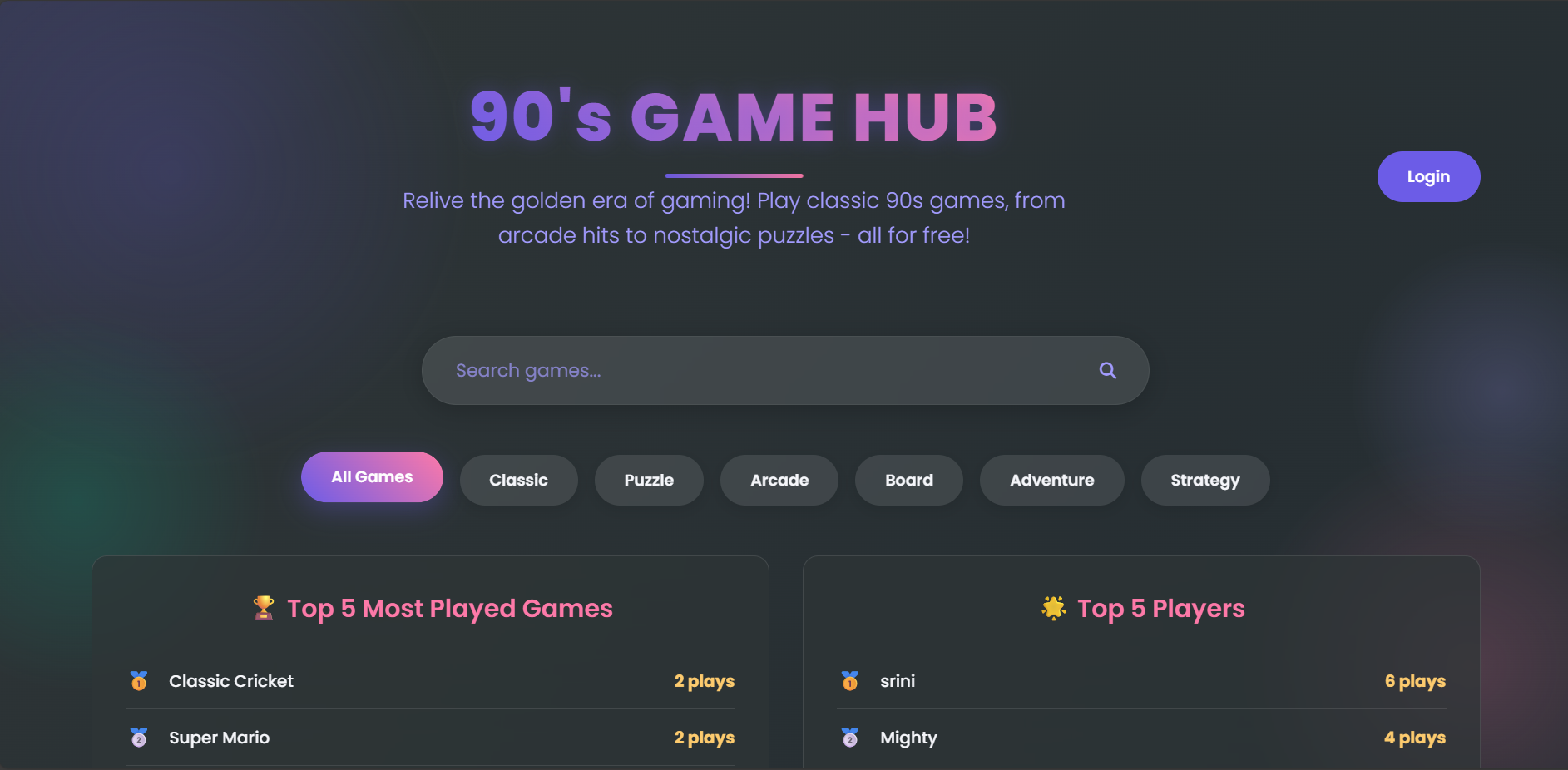 90's Game Hub, Full-Stack Application